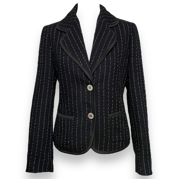 Max Mara Blazer Black Size 12 Jacket Pinstripe Textured Cotton Smart Tailored - Picture 14 of 14